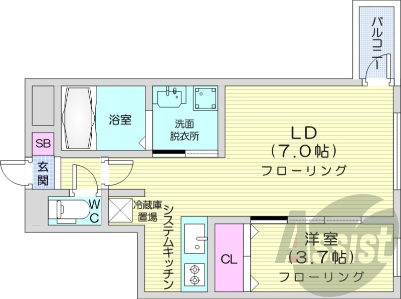 1LDK、エアコン、システムキッチン、灯油暖房