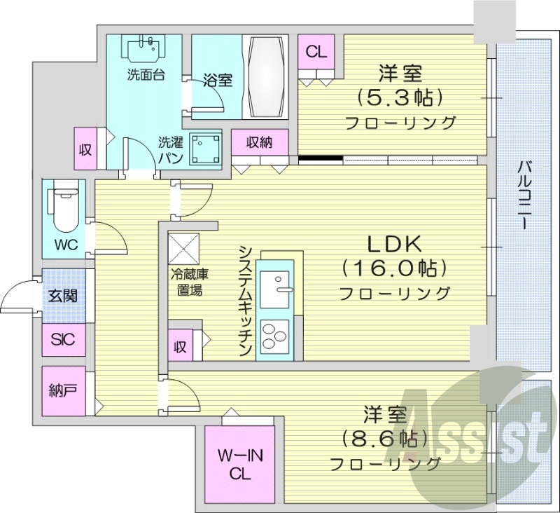 2LDK、システムキッチン、シャワートイレ、追い焚き