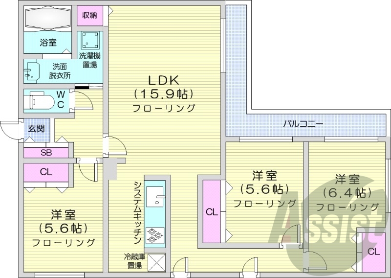 3LDK、エアコン、追い焚き、システムキッチン、ネット無料