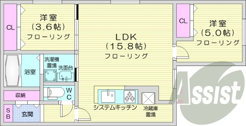 2LDK、都市ガス、エアコン、システムキッチン、ネット無料