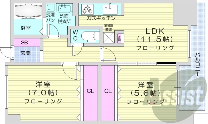 2LDK、独立洗面台、エアコン、ガス暖房、バルコニー