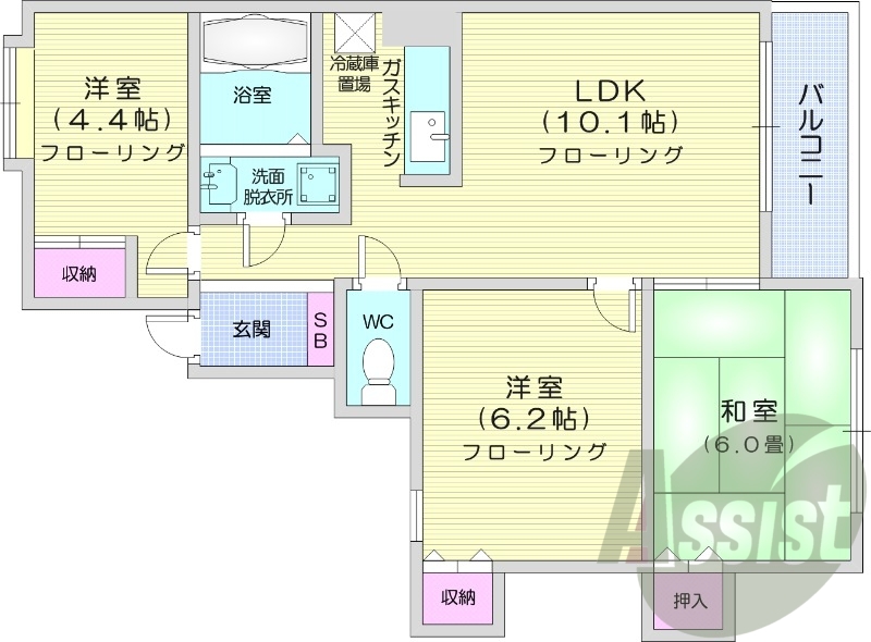 3LDK、バストイレ別、独立洗面台、室内洗濯機置場