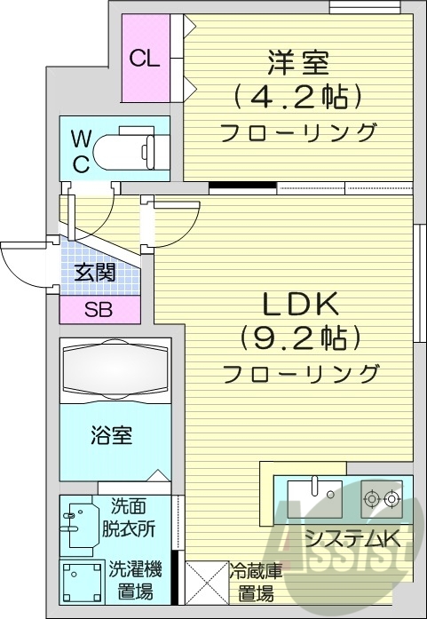 1LDK、エアコン、浴室乾燥機、独立洗面台、システムキッチン