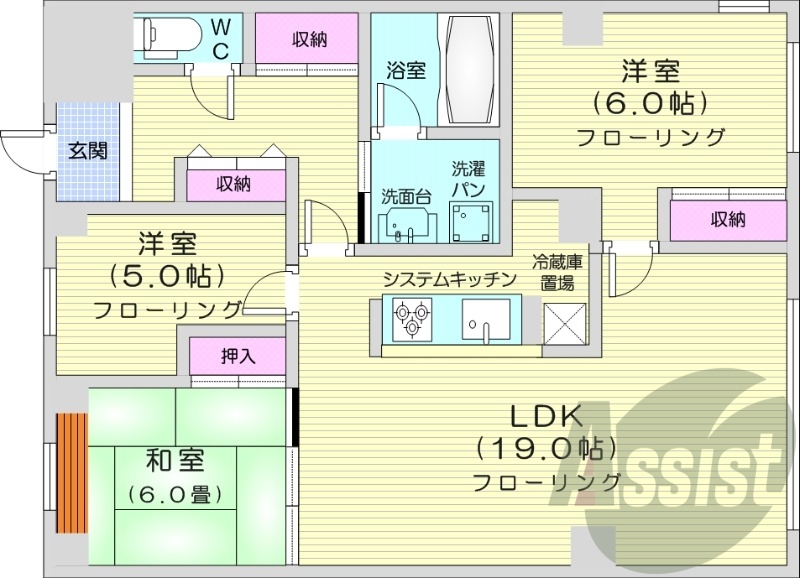 3LDK、エアコン、都市ガス、システムキッチン