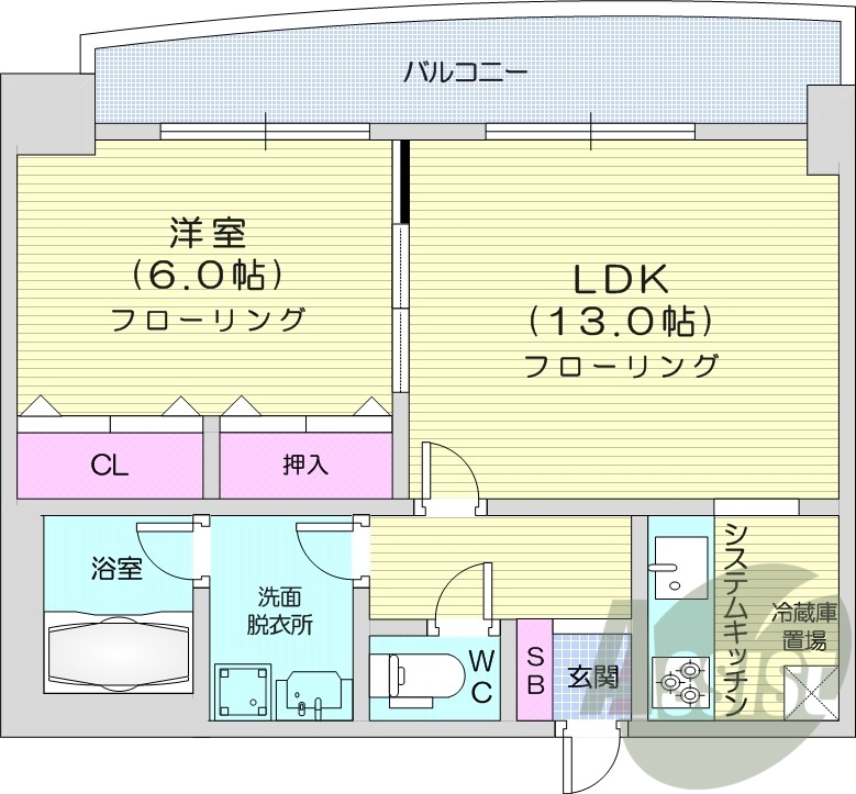 1LDK、エアコン、都市ガス、灯油FF暖房、トランクルーム