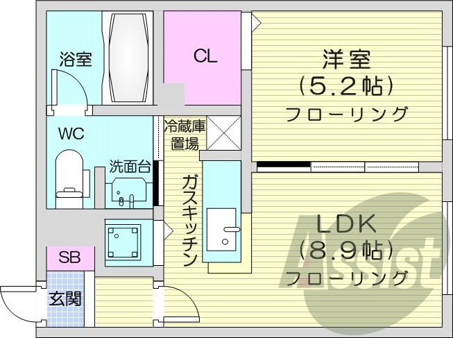 1LDK、独立洗面台、灯油暖房、バストイレ別、ガス給湯