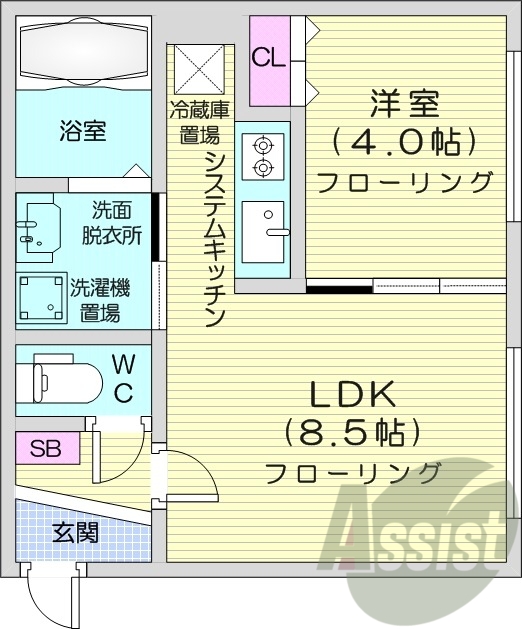 1LDK、エアコン、独立洗面台、システムキッチン