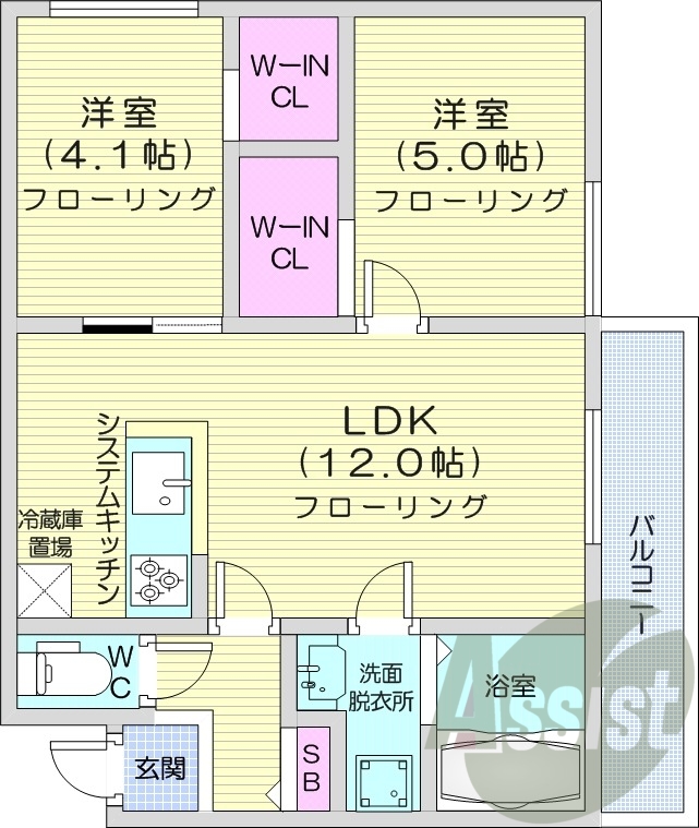 2LDK、都市ガス、エアコン、浴室乾燥機、システムキッチン