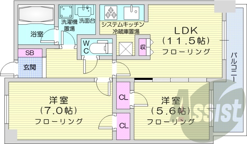 2LDK、独立洗面台、エアコン、ガス暖房、バルコニー