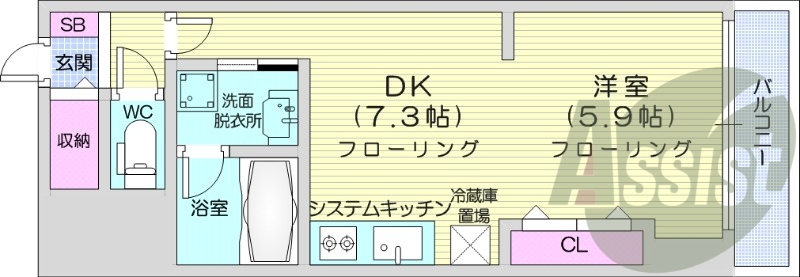 1DK、エアコン、独立洗面台、システムキッチン
