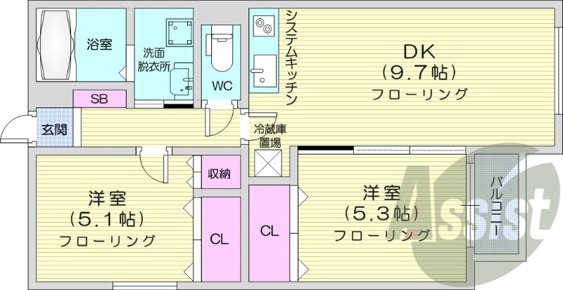2DK、エアコン、システムキッチン、独立洗面台