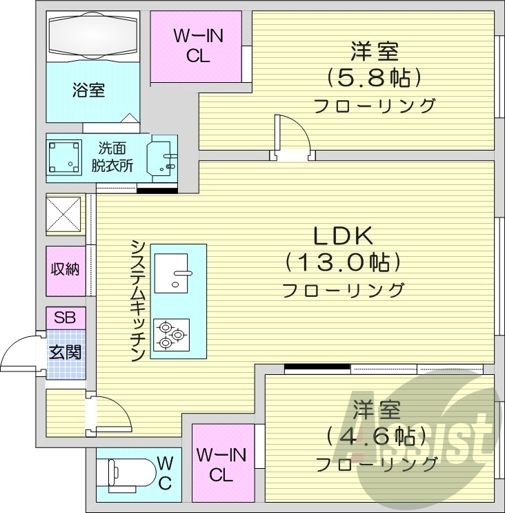 2LDK、エアコン、システムキッチン、ネット無料