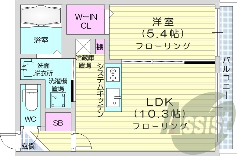 1LDK、システムキッチン、エアコン付き