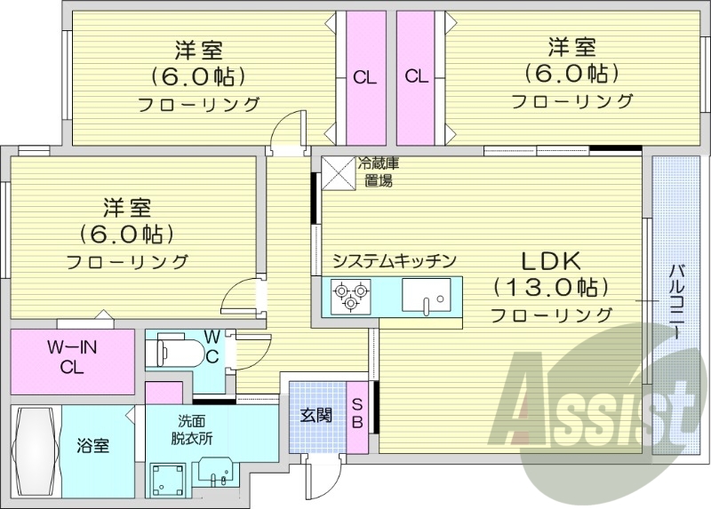 3LDK、ガスリミット、エアコン、TV付浴室