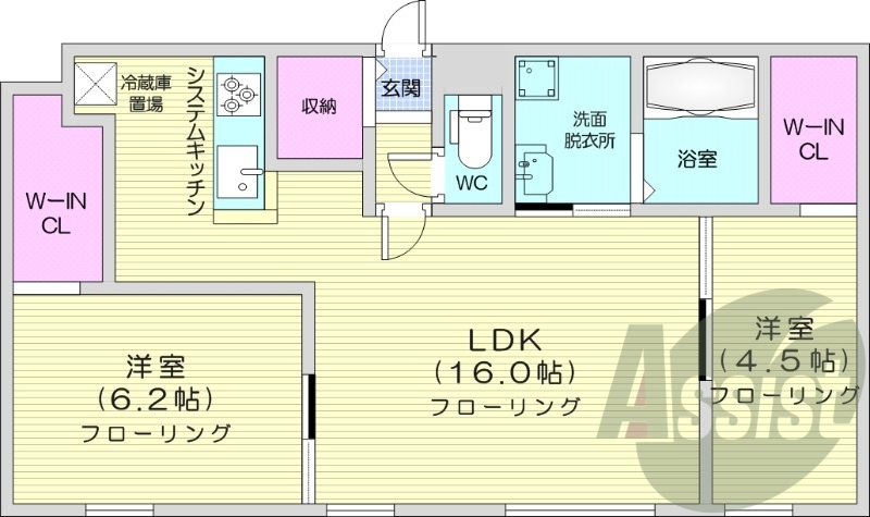 2LDK、エアコン、浴室乾燥機。システムキッチン