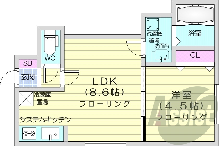 1LDK、ネット使用料不要、オートロック、システムキッチン