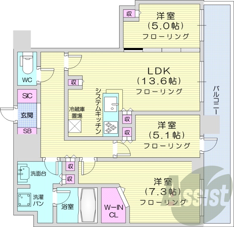3LDK、システムキッチン、シャワートイレ、追い焚き
