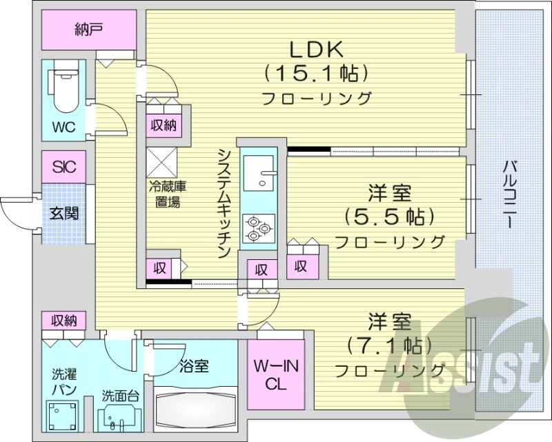 2LDK、システムキッチン、シャワートイレ、追い焚き