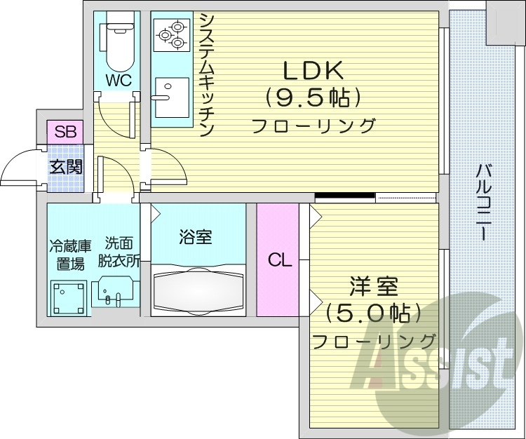 1LDK、都市ガス、システムキッチン、オートロック