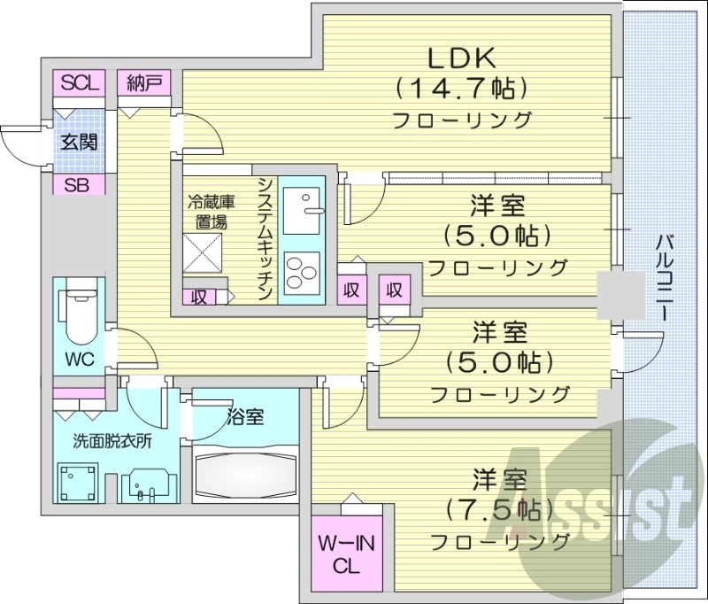 3LDK、システムキッチン、シャワートイレ、追い焚き