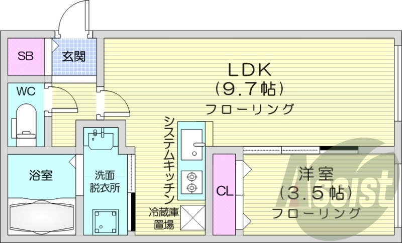 1LDK、エアコン、システムキッチン、ネット使用料不要