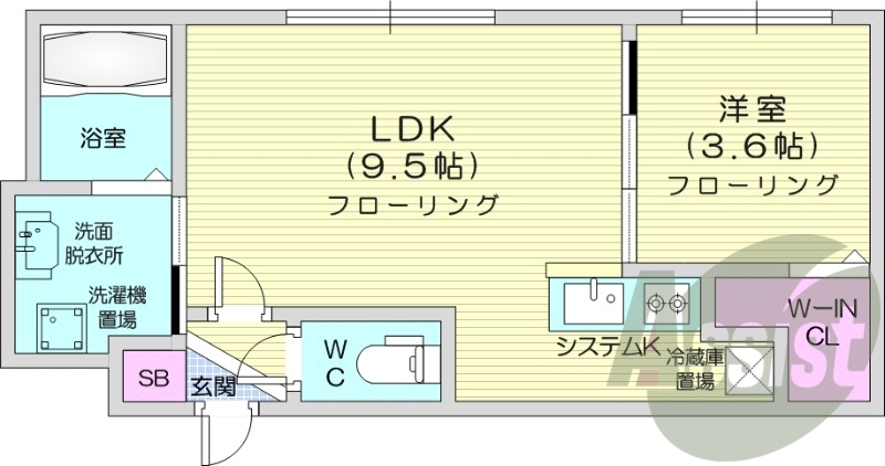 1LDK、エアコン、システムキッチン、ネット使用料不要