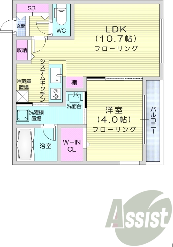 1LDK、都市ガス、エアコン、独立洗面台、システムキッチン