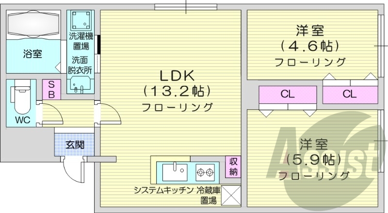 2LDK、エアコン、システムキッチン、ネット無料