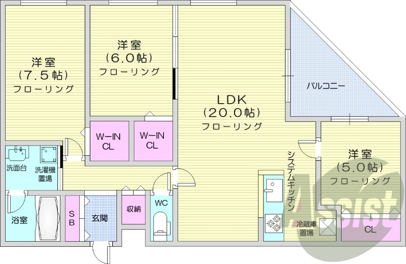 3LDK、オートロック、エアコン、システムキッチン