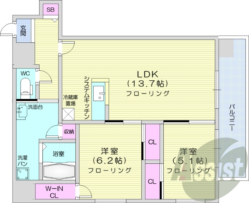 2LDK、都市ガス、追い焚き、宅配ボックス