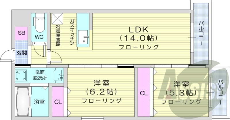 2LDK、角部屋、カウンターキッチン、エアコン