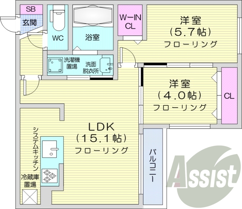2LDK、エアコン、システムキッチン、ネット無料