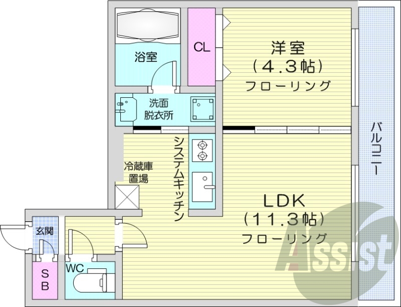 1LDK、エアコン、システムキッチン、ネット無料