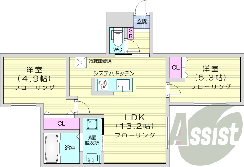 2LDK、エアコン、灯油暖房、システムキッチン、宅配ボックス