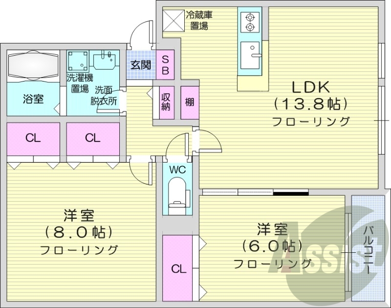 2LDK、浴室乾燥機、エアコン、独立洗面台、追い焚き