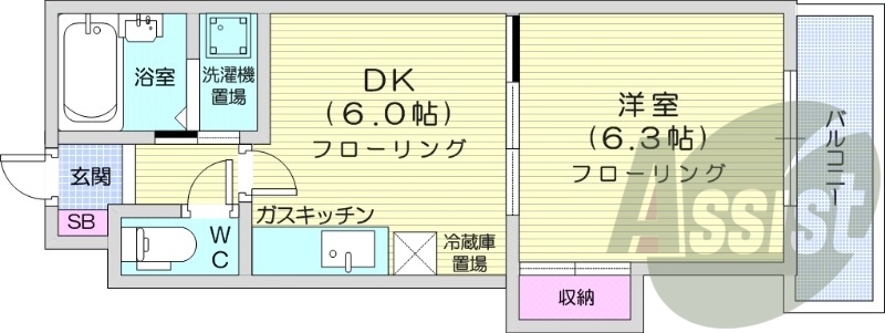 1DK、都市ガス、洗面台、シャワートイレ、バス・トイレ別