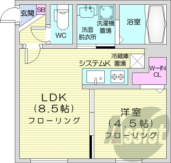 1LDK、エアコン、独立洗面台、浴室乾燥機