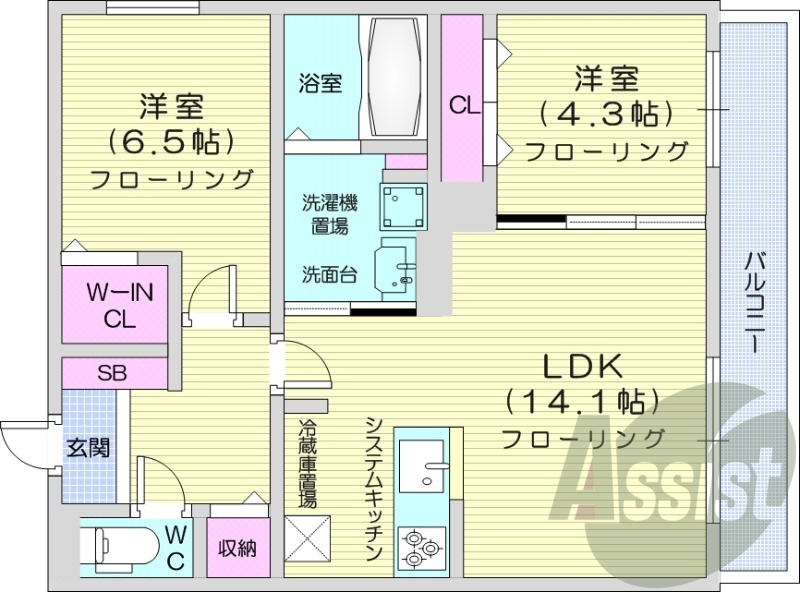 2LDK、エアコン、都市ガス、ウォークインクローゼット