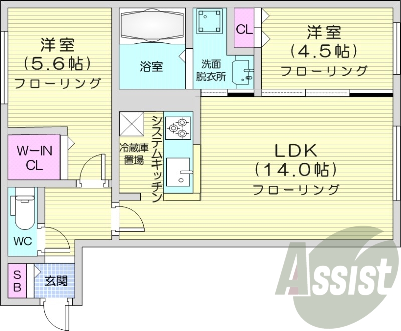 2LDK、エアコン、システムキッチン、ネット無料