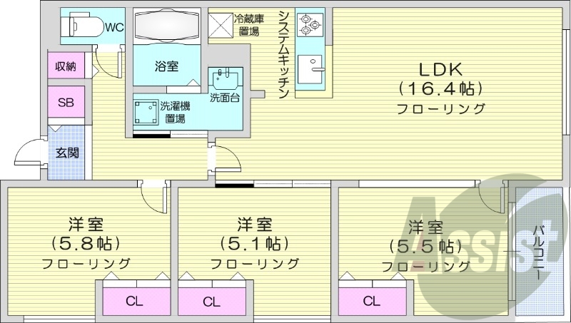 3LDK、浴室乾燥機、エアコン、システムキッチン