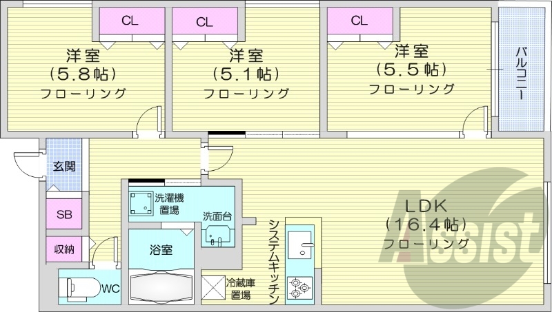 3LDK、浴室乾燥機、エアコン、システムキッチン