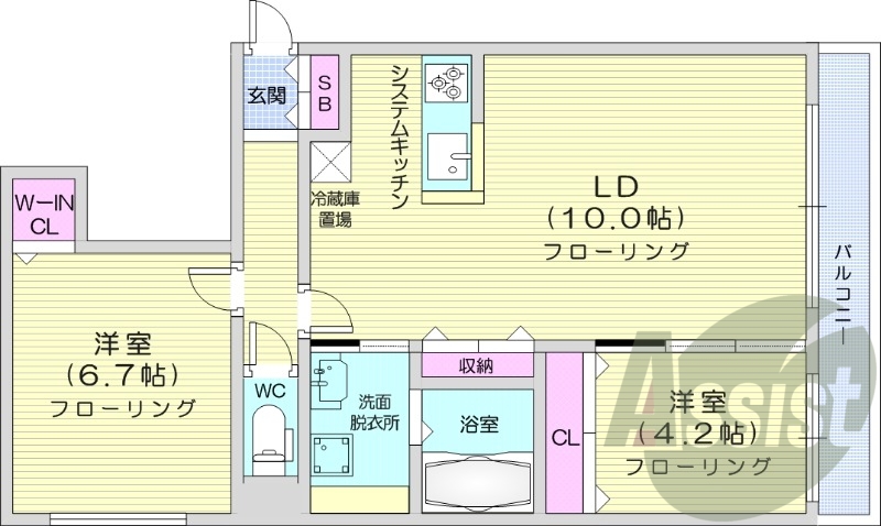 2LDK、都市ガス、エアコン、浴室乾燥機、ネット無料