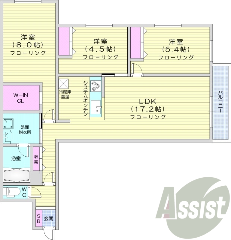 3LDK、エアコン、浴室乾燥機、システムキッチン