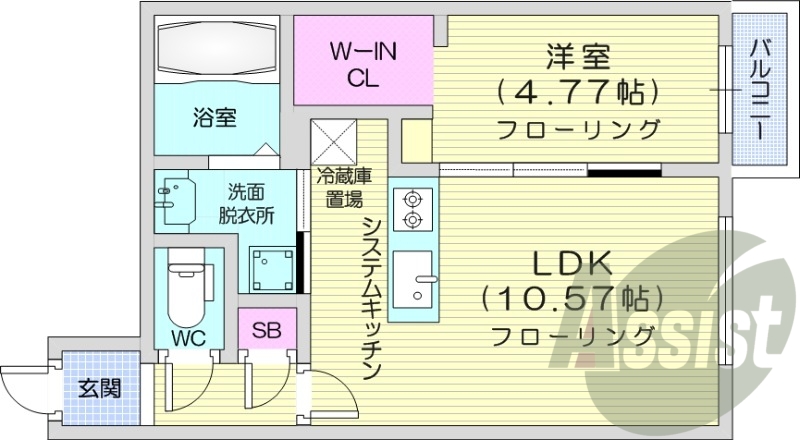 1LDK、エアコン、システムキッチン、バルコニー