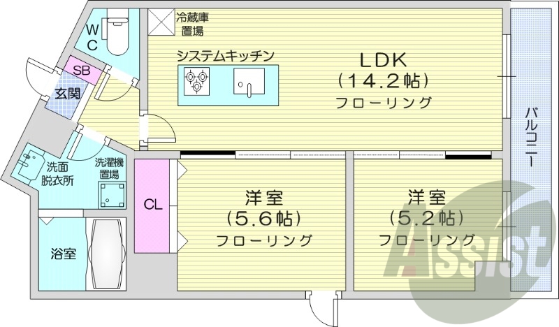 2LDK、エアコン、灯油暖房、システムキッチン