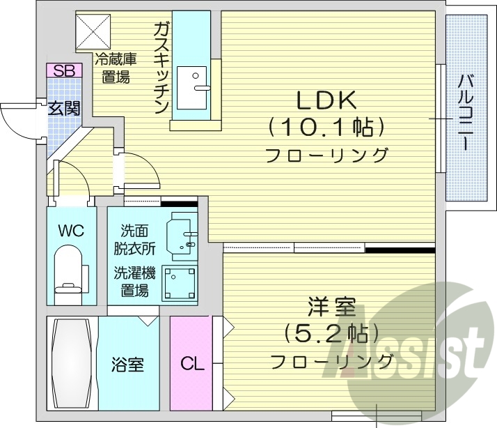 1LDK、対面キッチン、都市ガス、浴室乾燥機、エアコン