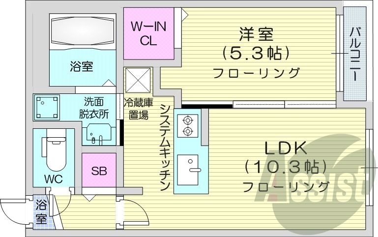 1LDK、都市ガス、エアコン、ネット無料、システムキッチン