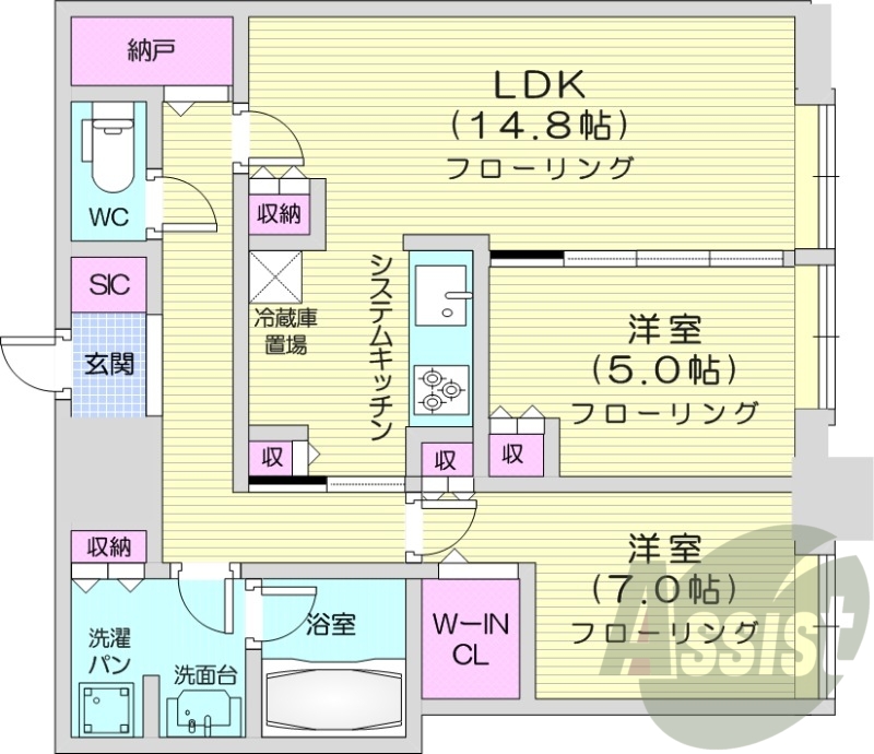 2LDK、システムキッチン、シャワートイレ、追い焚き