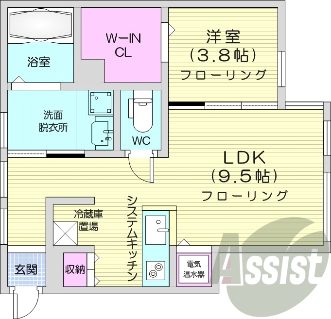 1LDK、IHクッキングヒーター、ウォークインクローゼット
