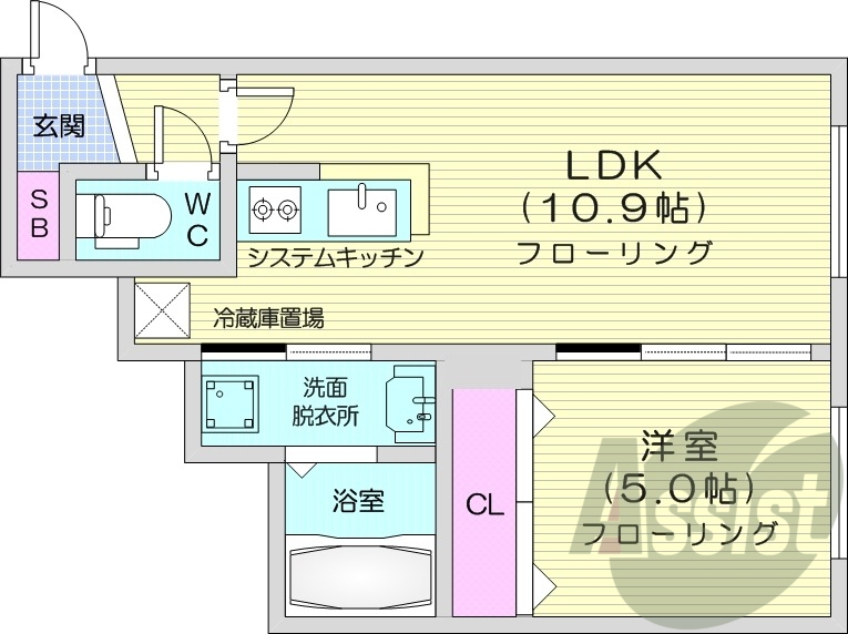 1LDK、エアコン、浴室乾燥機、都市ガス、ネット無料